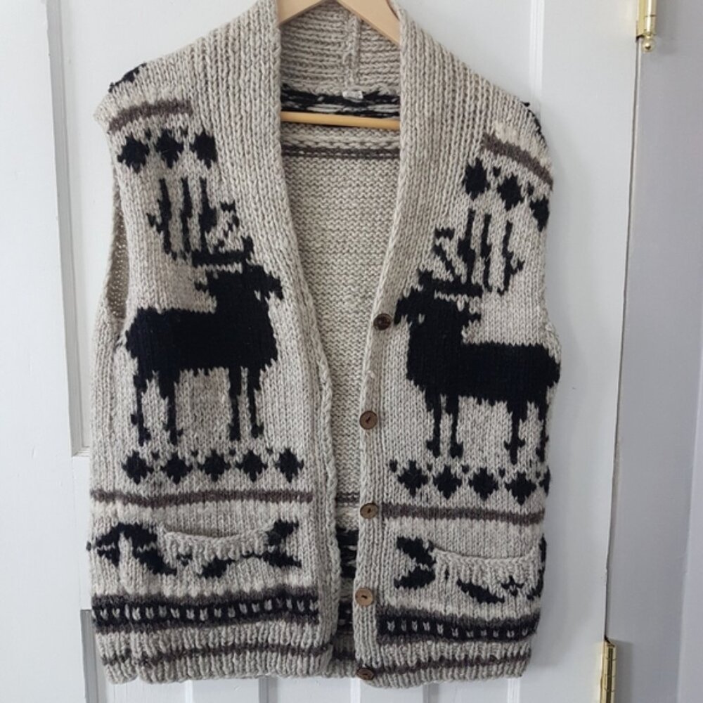 Boho Cowichan Cardigan Button Front Knit Wool Sweater Vest